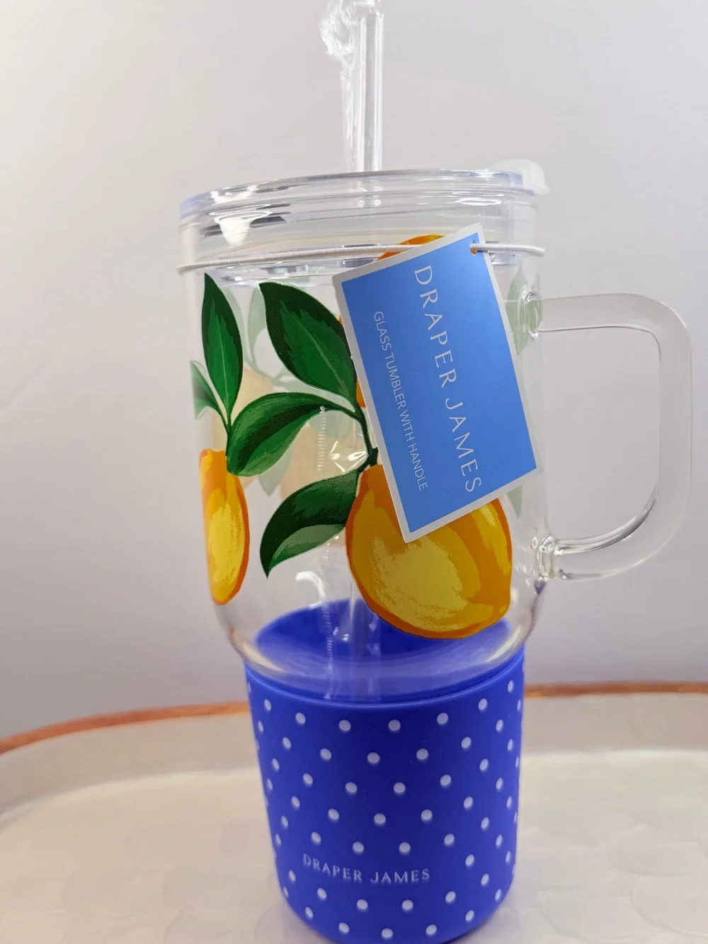 Draper James Glass Tumbler Straw For Hot & Cold Yellow Lemon Blue Polka Dot 39oz